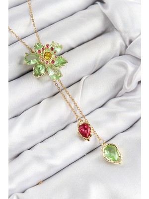 Vip Pirinç Zirkon Taşlı Çiçek Renk Asansörlü Kadın Kolye