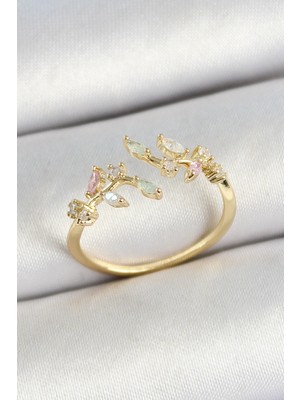 Pirinç Yaprak Figürlü Zirkon Taşlı Renk Ayarlanabilir Kadın Yüzük