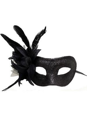 Siyah Renk Metalize Sim Görünümlü Parlak Tüylü Parti Maskesi 22X19 cm