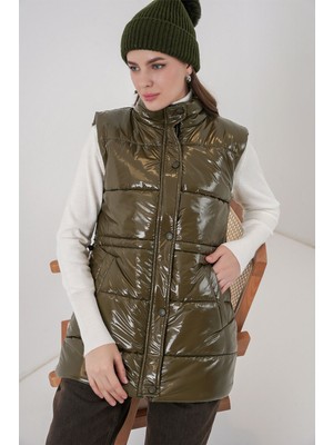 Hiccup Kadın Bdart Parlak Fermuarlı Şişme Yelek Haki Yeşil