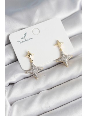 Kutup Yıldızı Pirinç Renk Zirkon Taşlı Kadın Küpe