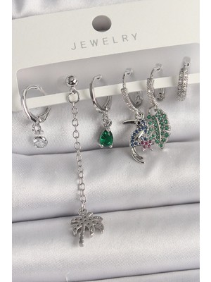 Pirinç Gümüş Renk Sallantı Zirkon Taşlı Ağaç Figür Çoklu Kadın Küpe Seti