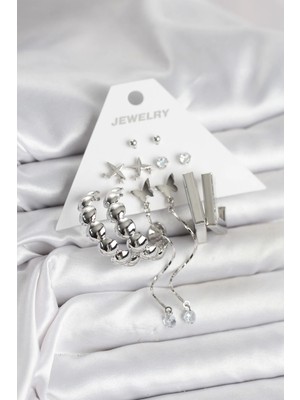 Gümüş Renk Pirinç 6'lı Kadın Küpe Seti