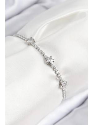 Pirinç Zirkon Taşlı Yıldız Gümüş Renk Asansörlü Kadın Bileklik