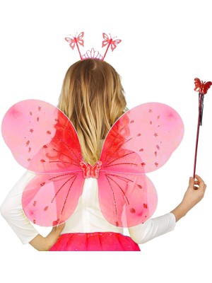 Kırmızı Renk Çocuk Kanadı Tacı ve Asa Seti 50 cm