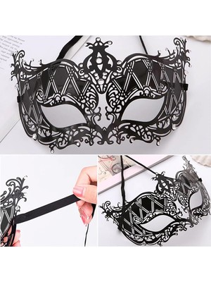 Kristal Gümüş Taşlı Siyah Renk Lazer Kesim Metal Lüks Maske Balo Parti