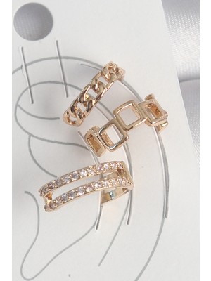 Pirinç Renk Zirkon Taşlı Kare Zincir Kadın Kıkırdak Küpe