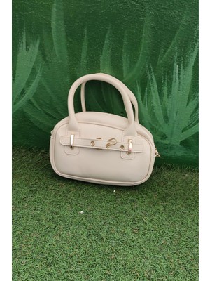 Belirtilmemiş Krem Renk Mini Kadın Kol / El / Omuz Çantası - Altın Tokalı Şık Tasarım