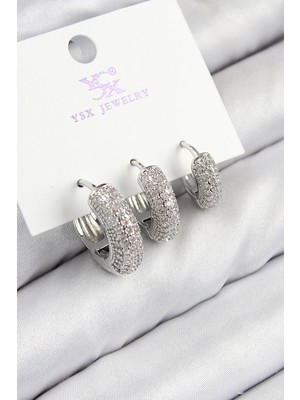 Pirinç Zirkon Taşlı 3'lü Halka Gümüş Renk Kadın Küpe