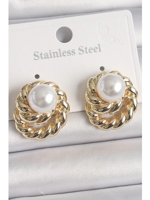 Pirinç Renk Incili Sarmal Burgu Kadın Küpe