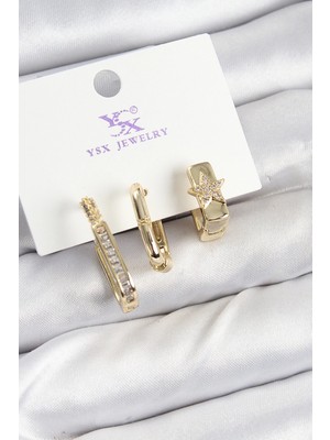 Pirinç Zi̇rkon Taşlı Yıldız Renk 3'lü Kadın Küpe