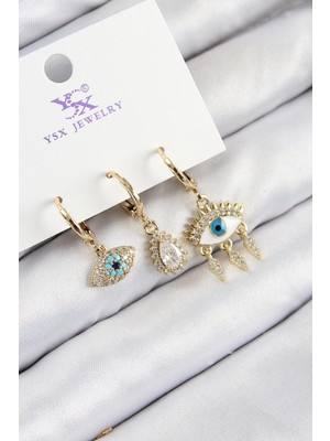 Pirinç Zirkon Taşlı 3'lü Fatma'nın Gözü Renk Kadın Küpe