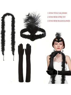 1920’LER Tarzı Siyah Tüylü Saç Bandı, Rugan Siyah Eldiven ve Siyah Otri̇ş Seti