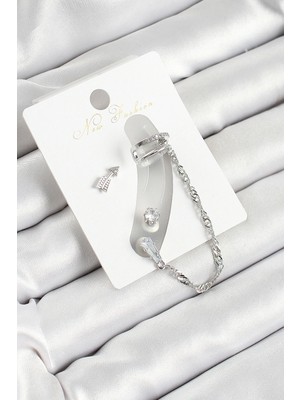 Pirinç Figürlü Zirkon Taşlı Gümüş Renk 3'lü Kıkırdak Kadın Küpe Set