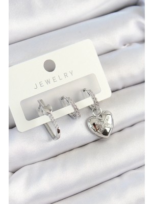 Pirinç Zirkon Taşlı Kalp Gümüş Renk 3'lü Çift Kadın Küpe Set