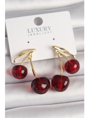 Pirinç Renk Kırmızı Kiraz Kadın Küpe