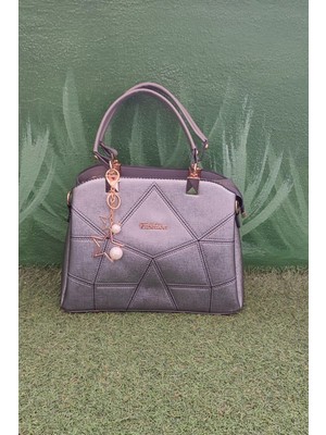 Belirtilmemiş Metalik Gri Kadın El ve Omuz Çantası – Yıldız ve Inci Aksesuar Detaylı, Geometrik Dikişli Şık Model