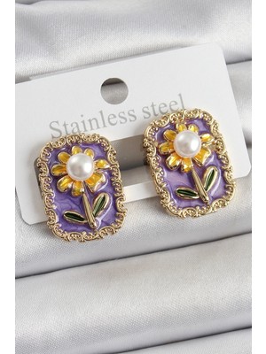 Pirinç Mor Mineli Figürlü Sanatsal Portre Renk Kadın Küpe