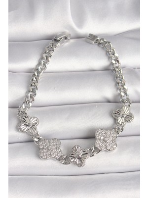 Pirinç Gümüş Renk Zincir Yonca Kadın Bileklik