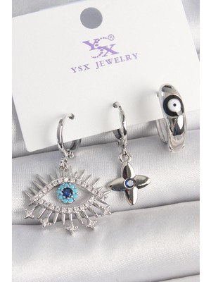 Pirinç Gümüş Renk Zirkon Taşlı Göz Nazar Boncuk Detay 3'lü Kadın Kombin Küpe