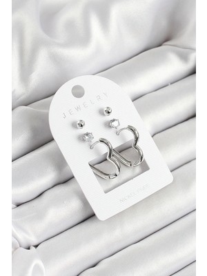 Pirinç Zirkon Taş ve Kalp Figürlü Gümüş Renk 3'lü Çift Kadın Küpe Set