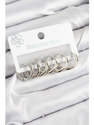 316L Çelik Halka Gümüş Renk 3'lü Set Kadın Küpe