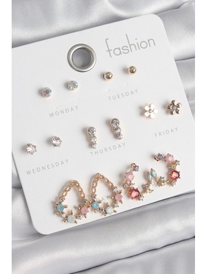 Pirinç Renk Zirkon Taşlı Damla Yıldız Detaylı 7 Çift Kadın Küpe Seti