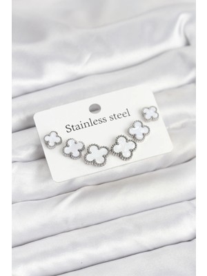 316L Çelik Gümüş Beyaz Renk 3 Boy Yonca Küpe Seti