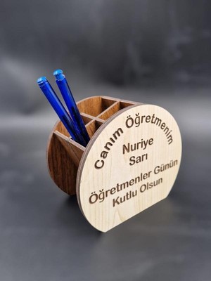 Ahşap Öğretmenler Günü Hediyesi Masaüstü Dört Gözlü Kalemlik Organizer (Yazı Özelleştirilebilir)