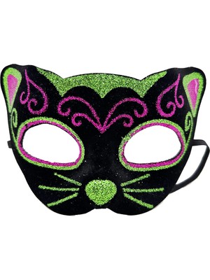 Siyah Kadife Kaplama Üzeri Pembe Yeşil Sim Işlemeli Kedi Maskesi 20X13 cm