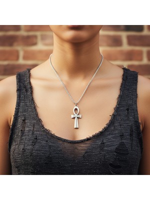 Alooya Nil'in Anahtarı - Ankh Anahtarı Gümüş Kaplama Örme Zincir Kolye