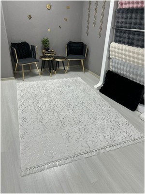 Home Bambu Yıkanabilir Kaymaz Oturma Odası Salon Mutfak Antre Çocuk Odası Halısı Beyaz Gümüş Simli Bambu