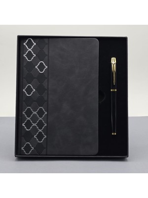 Desenli Siyah Deri Defter Kalem Set