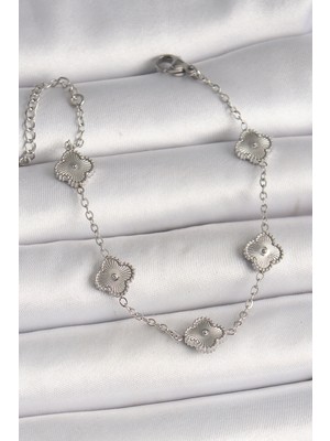 316L Çelik Gümüş Renk Işlemeli Yonca Kadın Bileklik - TJ-BB6927