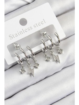 Pirinç Zirkon Taşlı Şimşek Gümüş Renk Kadın Küpe - TJ-BKP11109