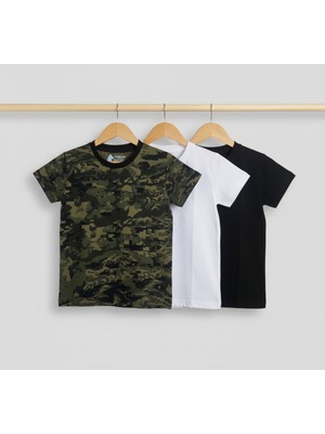 Turan Tactics 3'lü Çocuk Tişört Seti - %100 Pamuklu Penye - (Kamuflaj, Siyah, Beyaz)