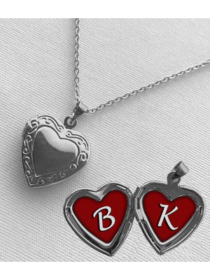 Bsb Çelik B K Harfli Açılır Kapanır Kapaklı Kalp Sevgili Arkadaşlık Kolyesi Epoksi Dolgulu Gümüş Renk