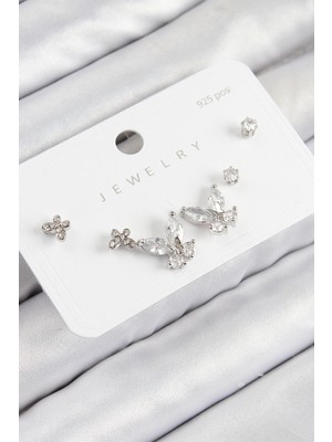 Pirinç Zirkon Taşlı Gümüş Renk 925 Ayar Gümüş Çivi Kadın Küpe Set - TJ-BKP11165