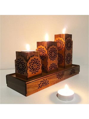 Ahşap Dekoratif Üçlü Mumluk Tealight Mum Uyumlu