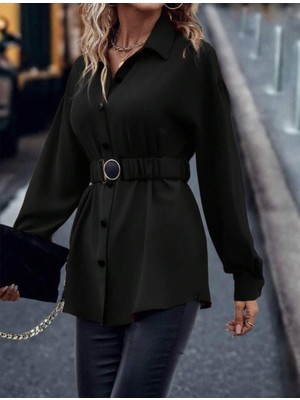 Passense Kadın Uzun Kollu Yakalı Önden Düğmeli Belden Kemerli Ithal Krep Bluz