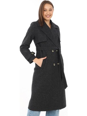 Passense Premium Kaşe Kaban Uzun Boy, Balık Sırtı Yünlü Kaşmir Dokuma, Kruvaze Kuşaklı Astarlı - Siyah