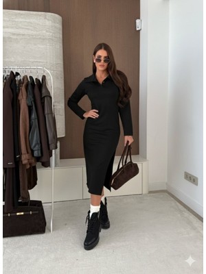 La Mode Istanbul Kadın Uzun Kollu Yakalı Yandan Yırtmaçlı Midi Modal Elbise