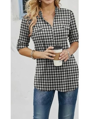 Gökyüzü Moda Kadın Uzun Kollu Hakim Yaka Yakadan Fermuarlı Geometrik Desenli Süprem Bluz