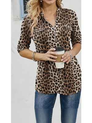 Gökyüzü Moda Kadın Uzun Kollu Hakim Yaka Yakadan Fermuarlı Geometrik Desenli Süprem Bluz