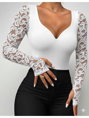 Arben Boutique Kadın Uzun Kollu Dantelli Dekolte Detaylı Dalgıç Bluz