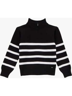 Jeep Fermuarlı Yaka Relaxed Çizgili Siyah - Beyaz Erkek Çocuk Kazak J5WB-KZK7799