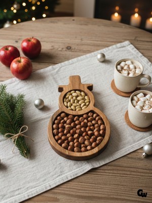 Yılbaşı Sunum Tabağı Noel Kardan Adam Doğal Ahşap Çerez Tabağı(Kayın / Gürgen)