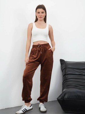 No8 Home Paça Lastikli Kadife Eşofman Kahve MD34