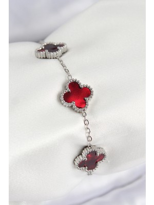 AyrStore 316L Çelik Sedefli Kırmızı Gümüş Renk Yonca Kadın Bileklik