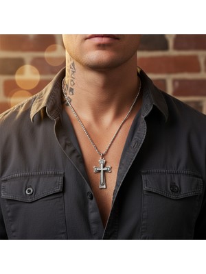 Alooya Antik Haç Gümüş Kaplama Örme Zincir Kolye